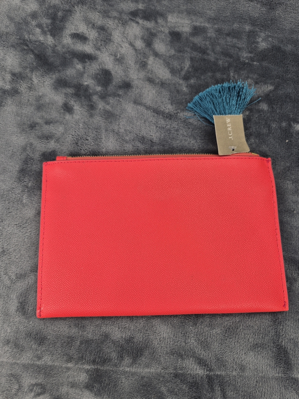 J Crew Italian Leather Medium Pouch Fiery Red Color Blue Tassel  Ziper Pull New